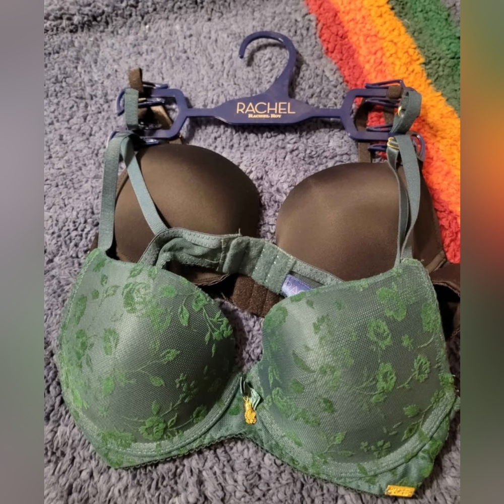 Rachel By Rachel Roy 2 Pk Bra, 34B, Green Floral Lace And Solid Black